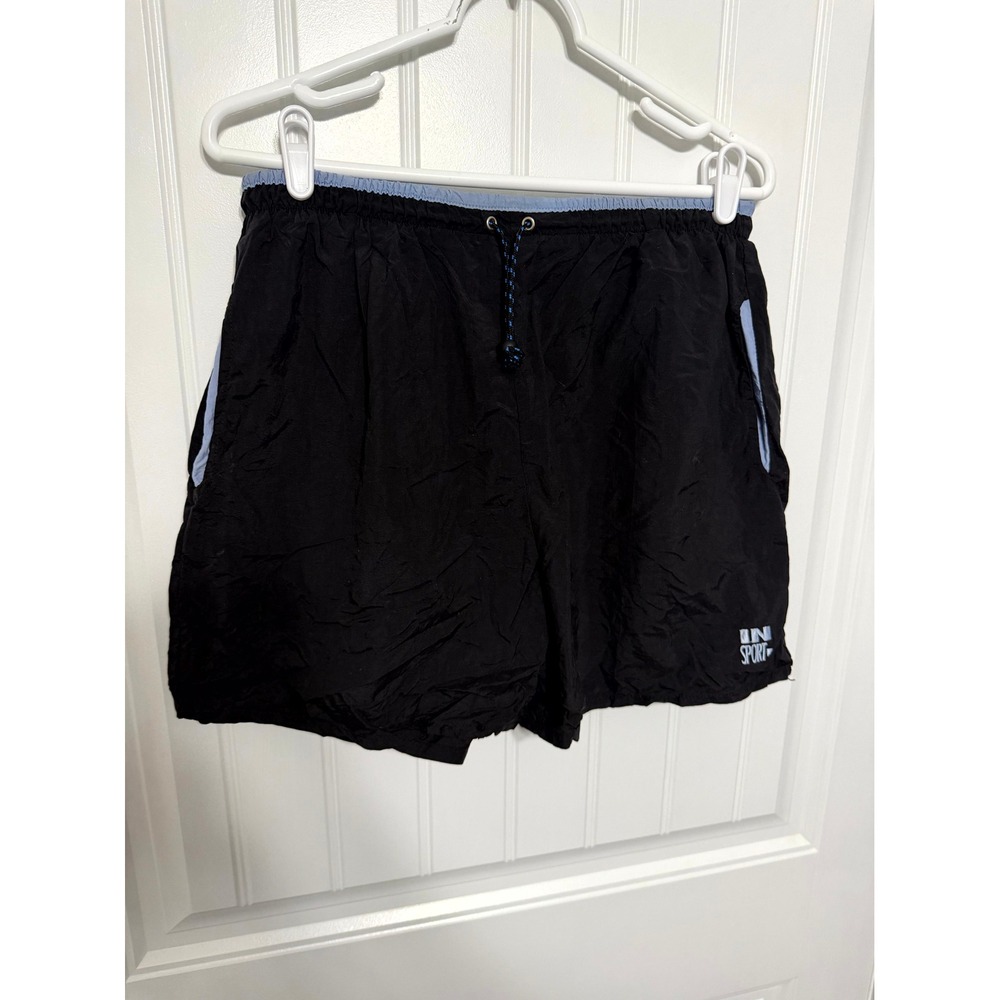 InSport Athletic Shorts Women Large Black Blue Vintage‎ Nylon Drawstring Gym